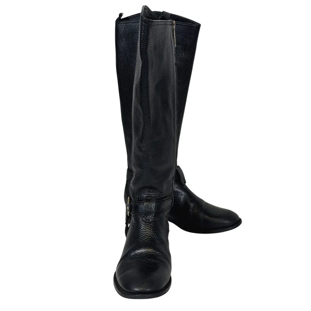 Tory Burch Women's Size 5M Black Leather Riding Boots Gold Logo Buckle Knee High